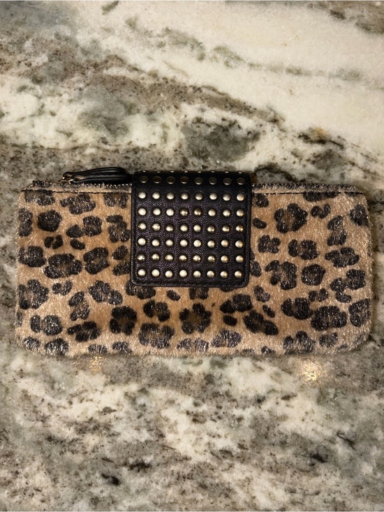 Handbags - Studded Leopard Print Zip Clutch Wallet - Brown